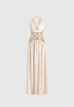 Ava - Halterneck Embellished Corset Gathered Maxi Dress - Cream