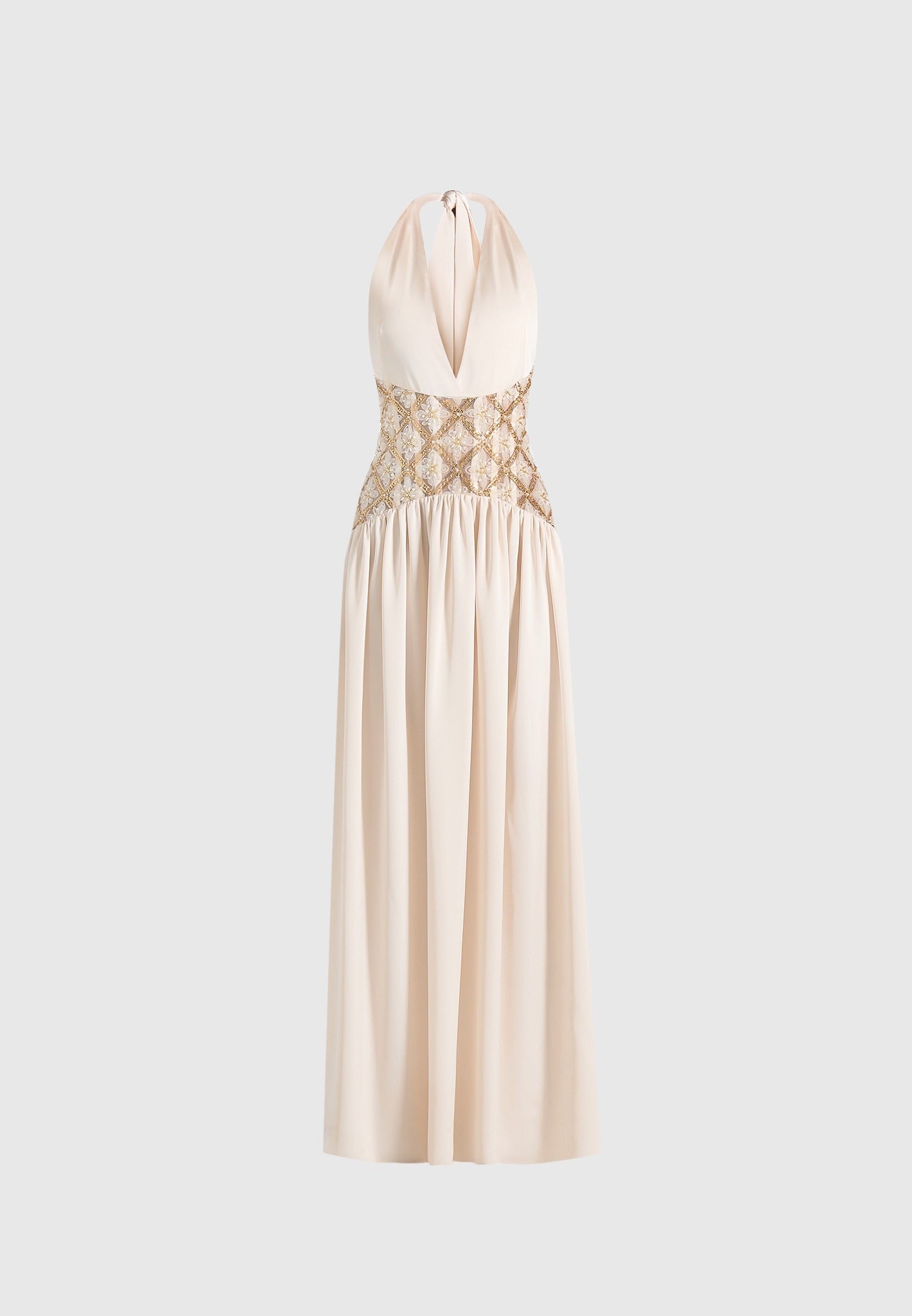 Ava - Halterneck Embellished Corset Gathered Maxi Dress - Cream