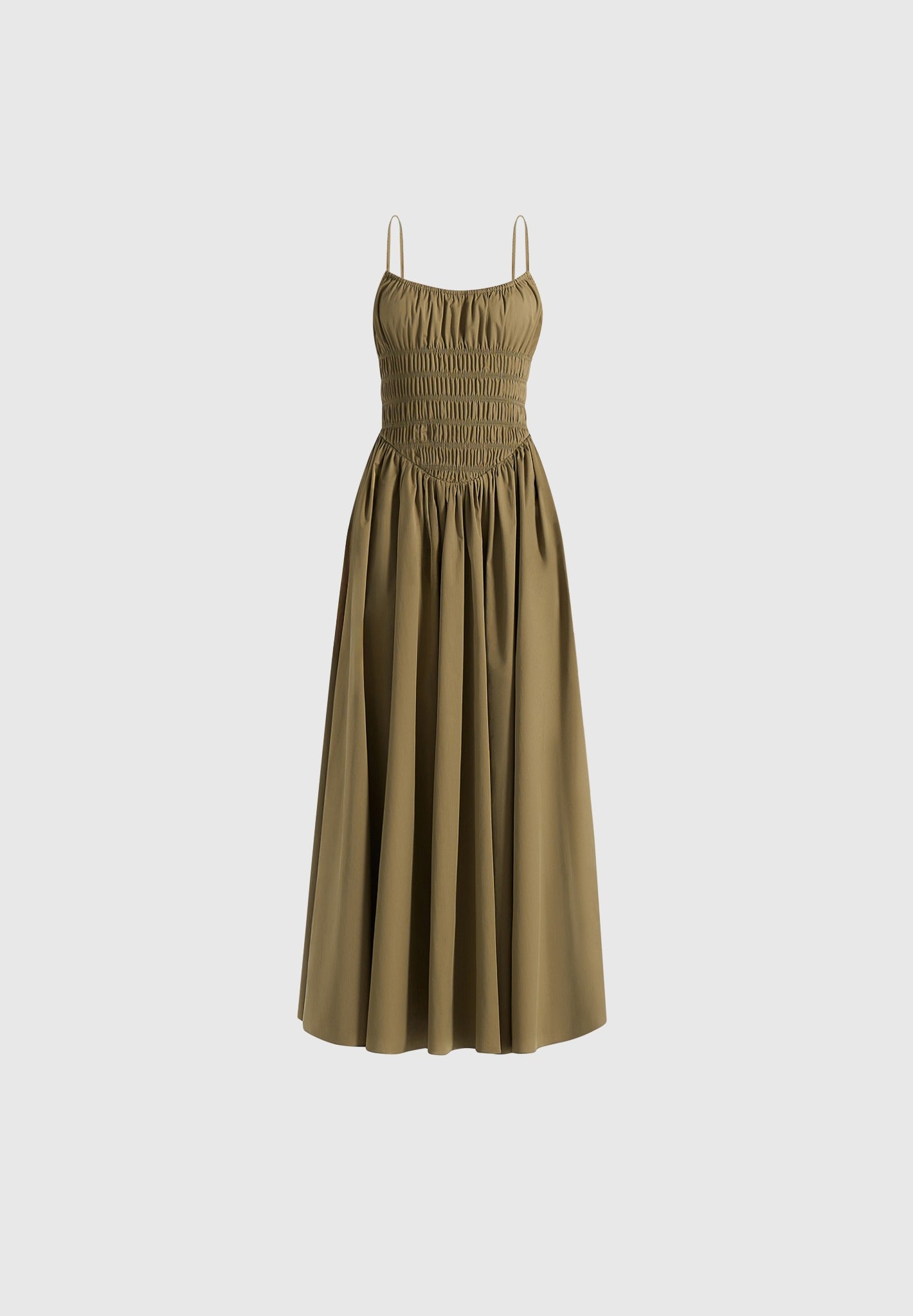 Elva - Smocked Waist Cotton Maxi Dress - Khaki