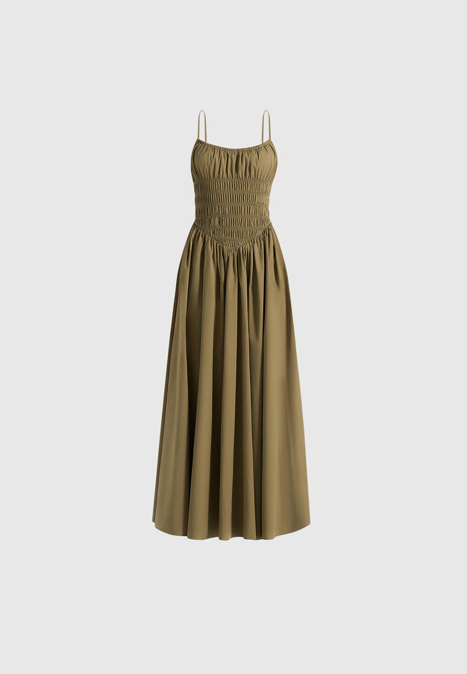 Elva - Smocked Waist Cotton Maxi Dress - Khaki