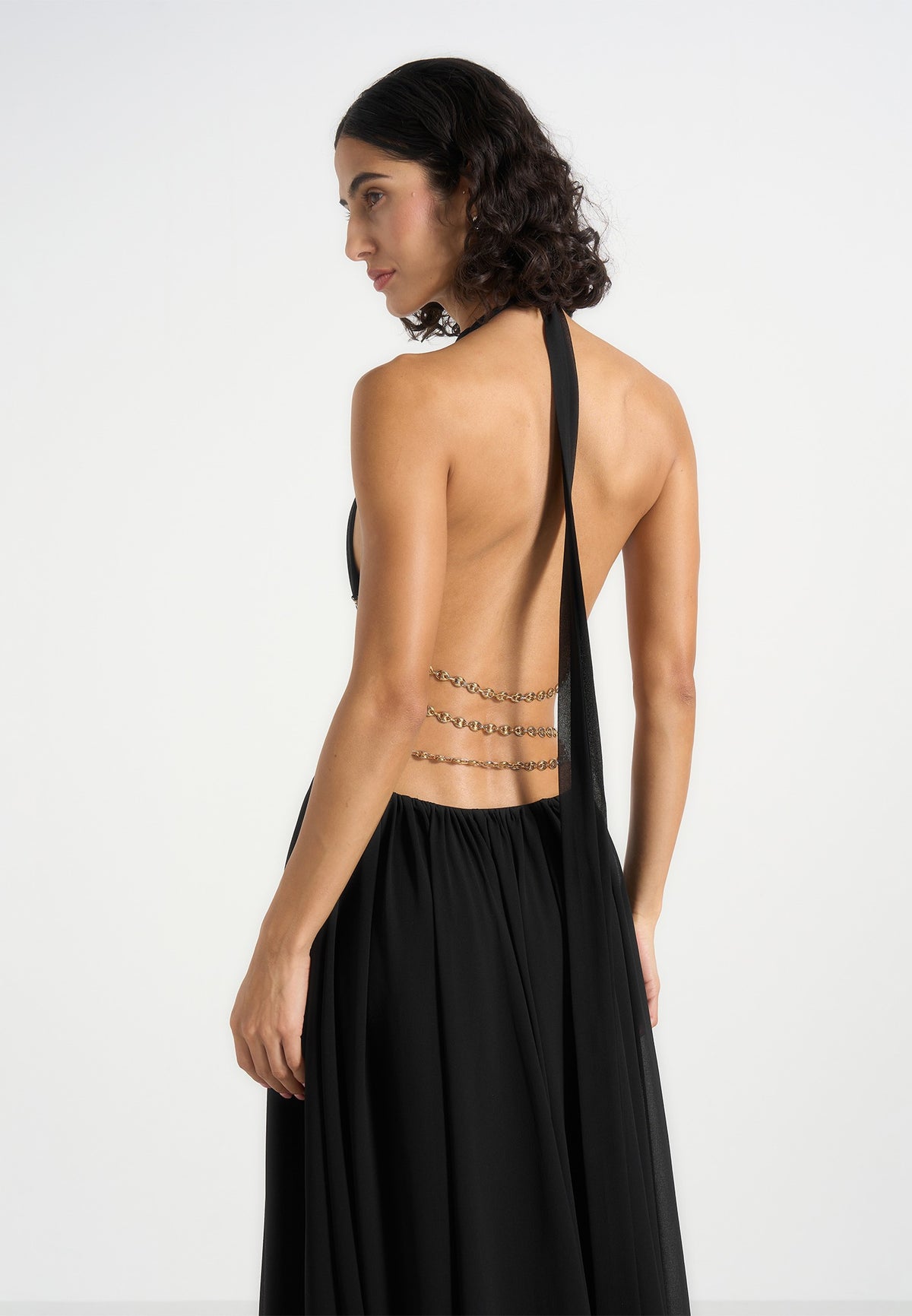 June - Chain Belt Cut-Out Georgette Halter Maxi Dress - Black