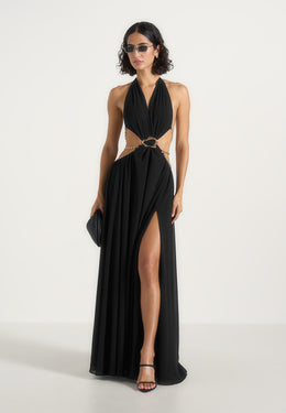 June - Chain Belt Cut-Out Georgette Halter Maxi Dress - Black