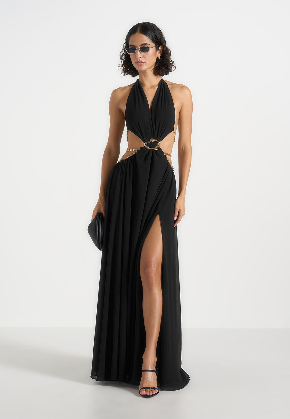 June - Chain Belt Cut-Out Georgette Halter Maxi Dress - Black