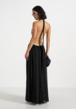 June - Chain Belt Cut-Out Georgette Halter Maxi Dress - Black
