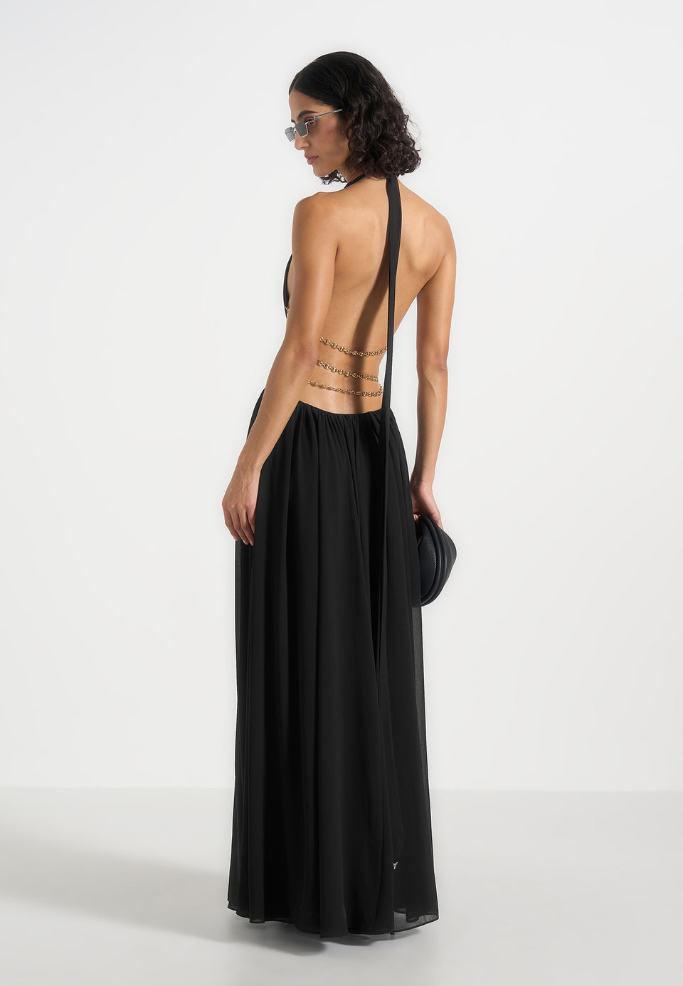 June - Chain Belt Cut-Out Georgette Halter Maxi Dress - Black