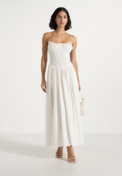 Elva - Smocked Waist Cotton Maxi Dress - White
