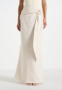 Holly - Linen Asymmetric Wrap Tie Maxi Skirt - Natural