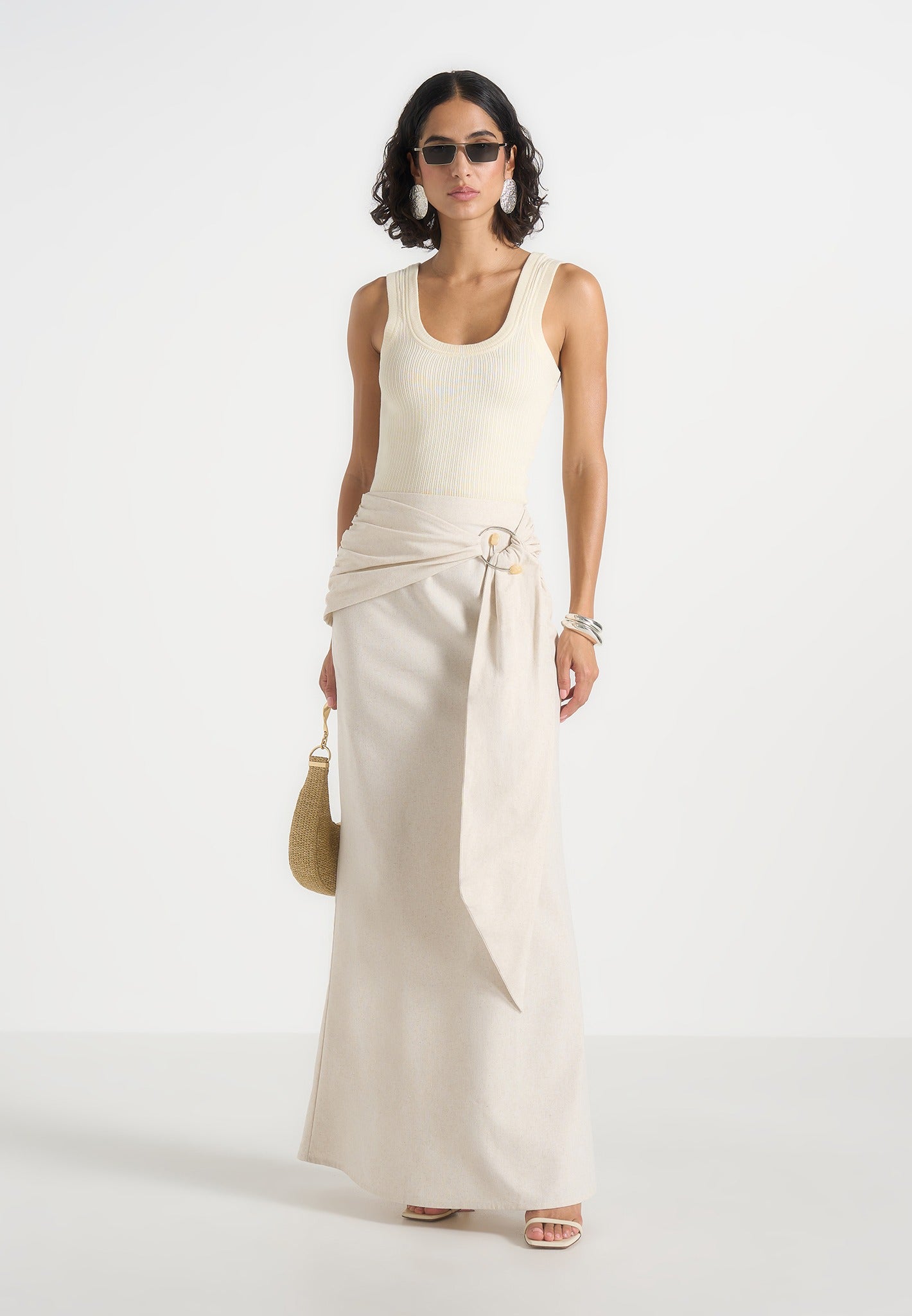 Holly - Linen Asymmetric Wrap Tie Maxi Skirt - Natural
