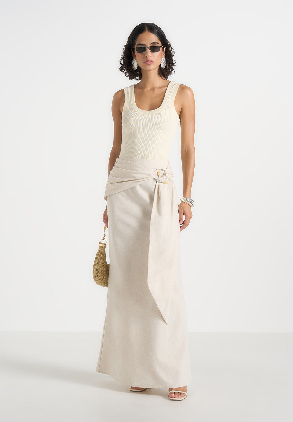 Holly - Linen Asymmetric Wrap Tie Maxi Skirt - Natural