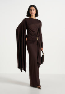 Edena - Asymmetric Ruched Draped Maxi Dress - Brown