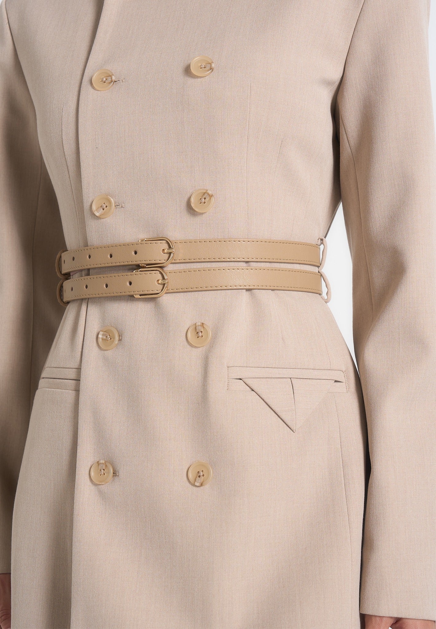 Sierra - Double Breasted Belted Blazer Dress - Beige