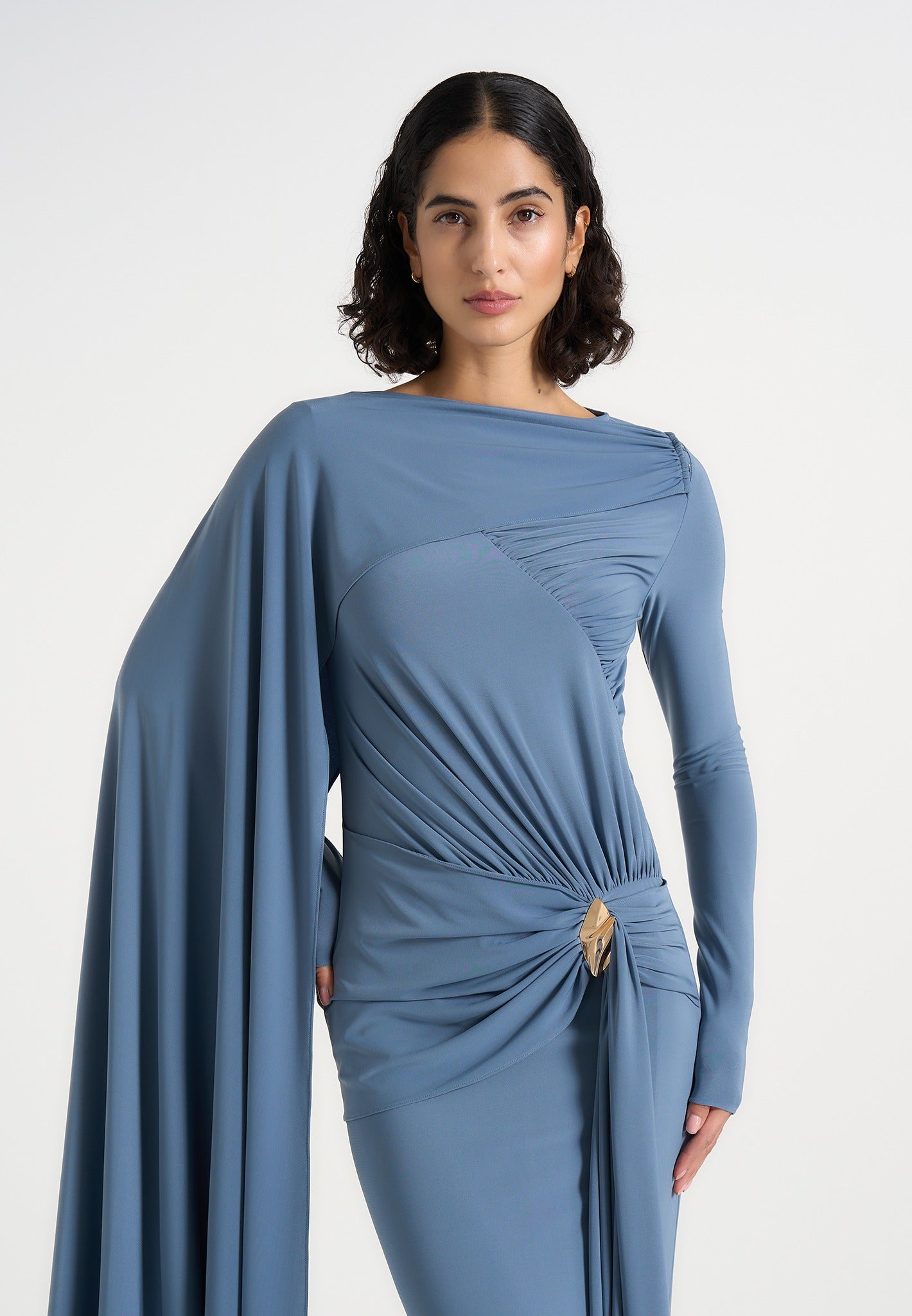 Edena - Asym Ruched Draped Maxi Dress - Blue
