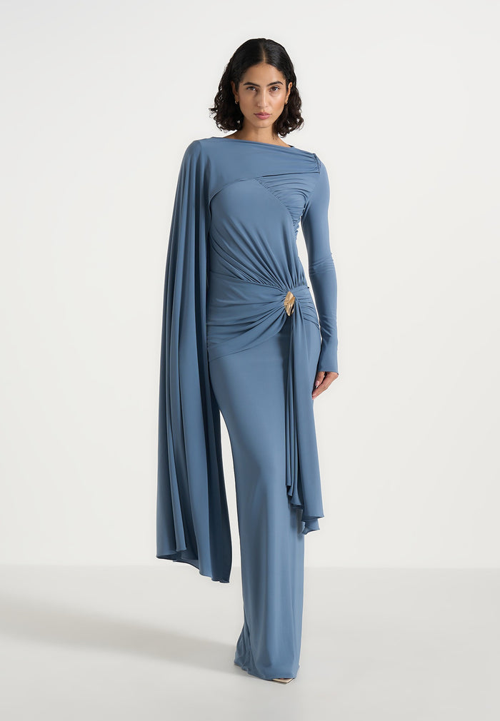 Edena - Asym Ruched Draped Maxi Dress - Blue