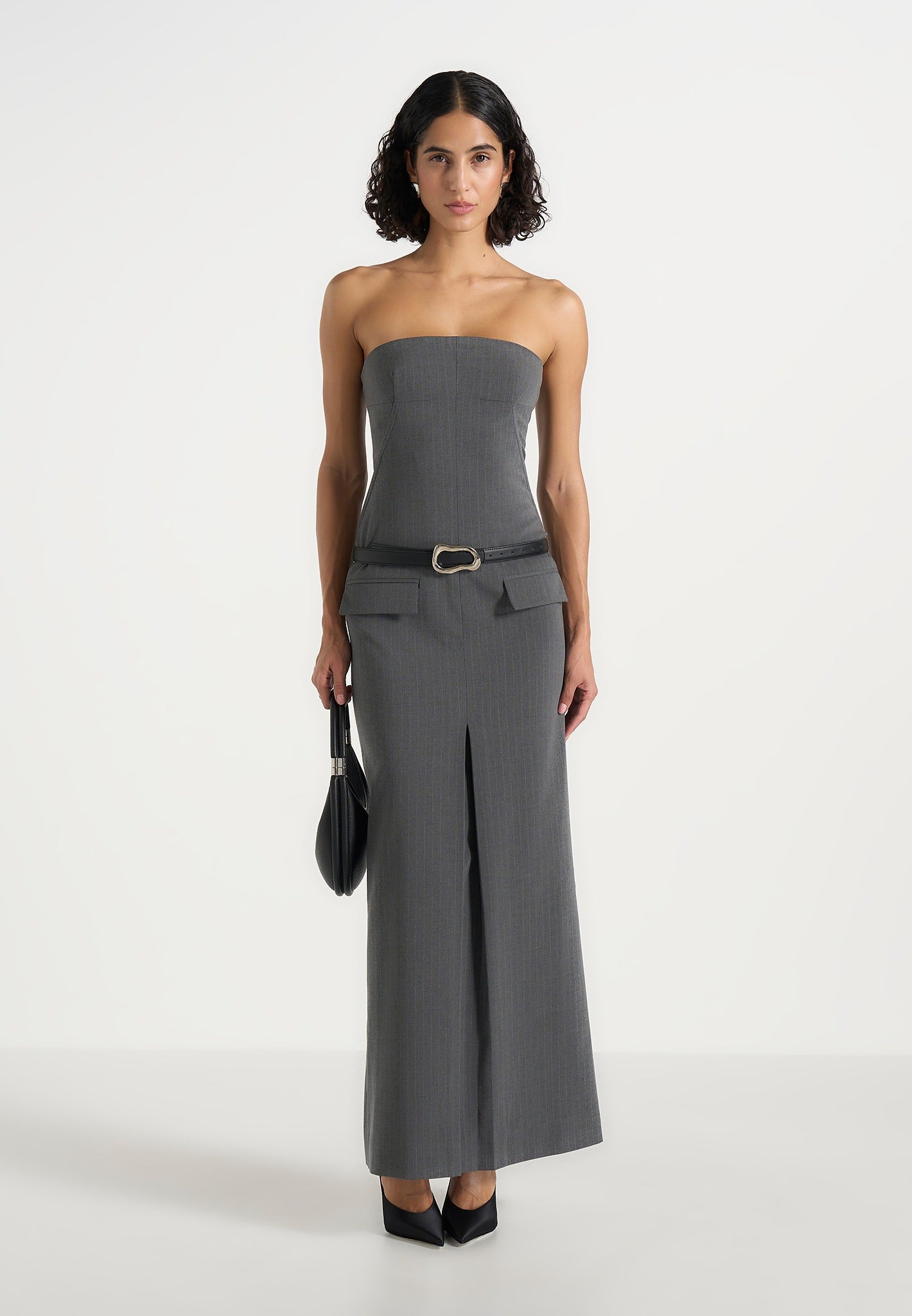 Tabitha - Tailored Pinstripe Bandeau Belted Maxi Dress - Grey 
