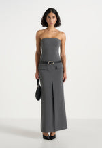 Tabitha - Tailored Pinstripe Bandeau Belted Maxi Dress - Grey