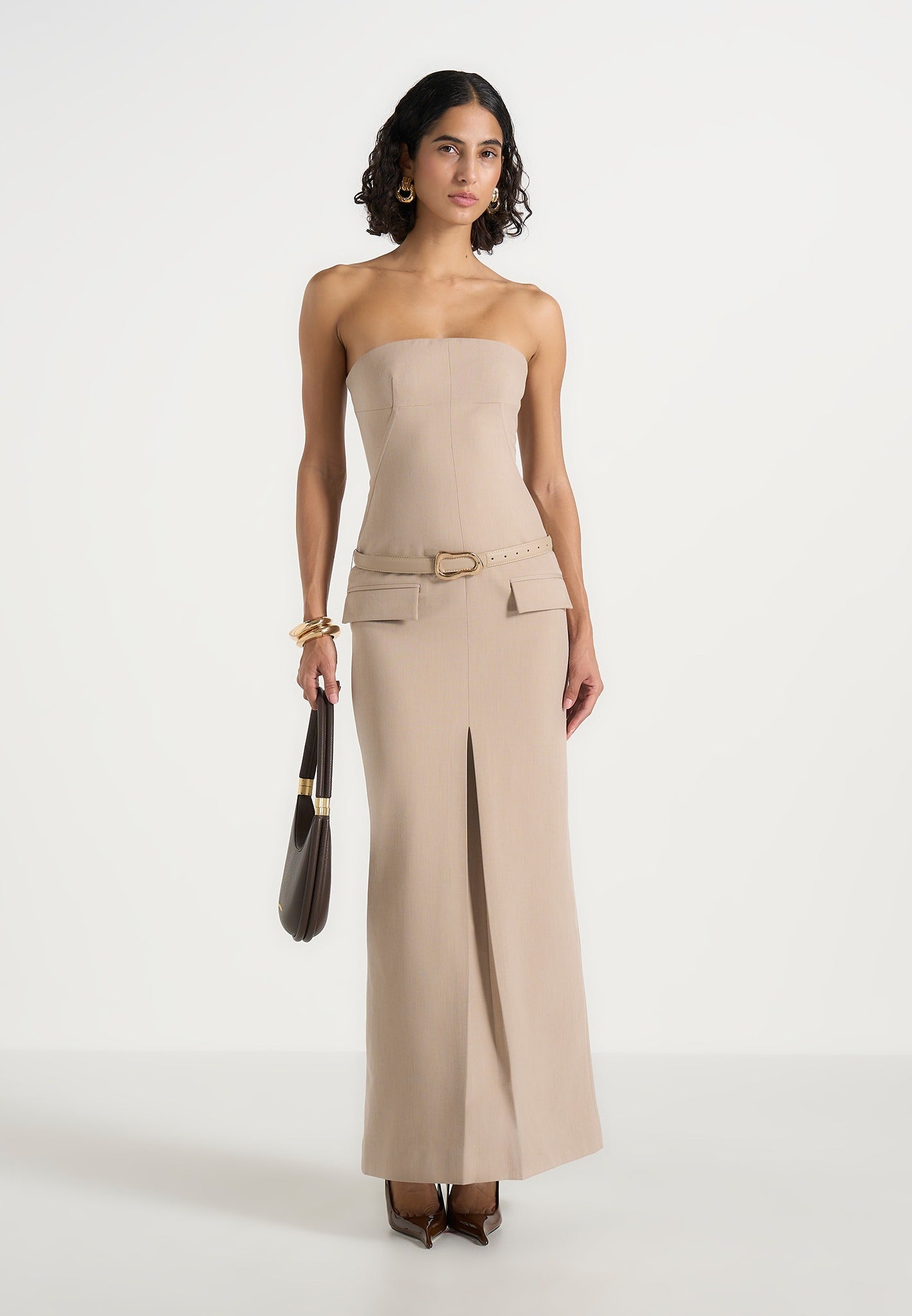 Tabitha - Tailored Bandeau Belted Maxi Dress - Beige 