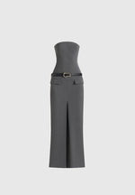 Tabitha - Tailored Pinstripe Bandeau Belted Maxi Dress - Grey