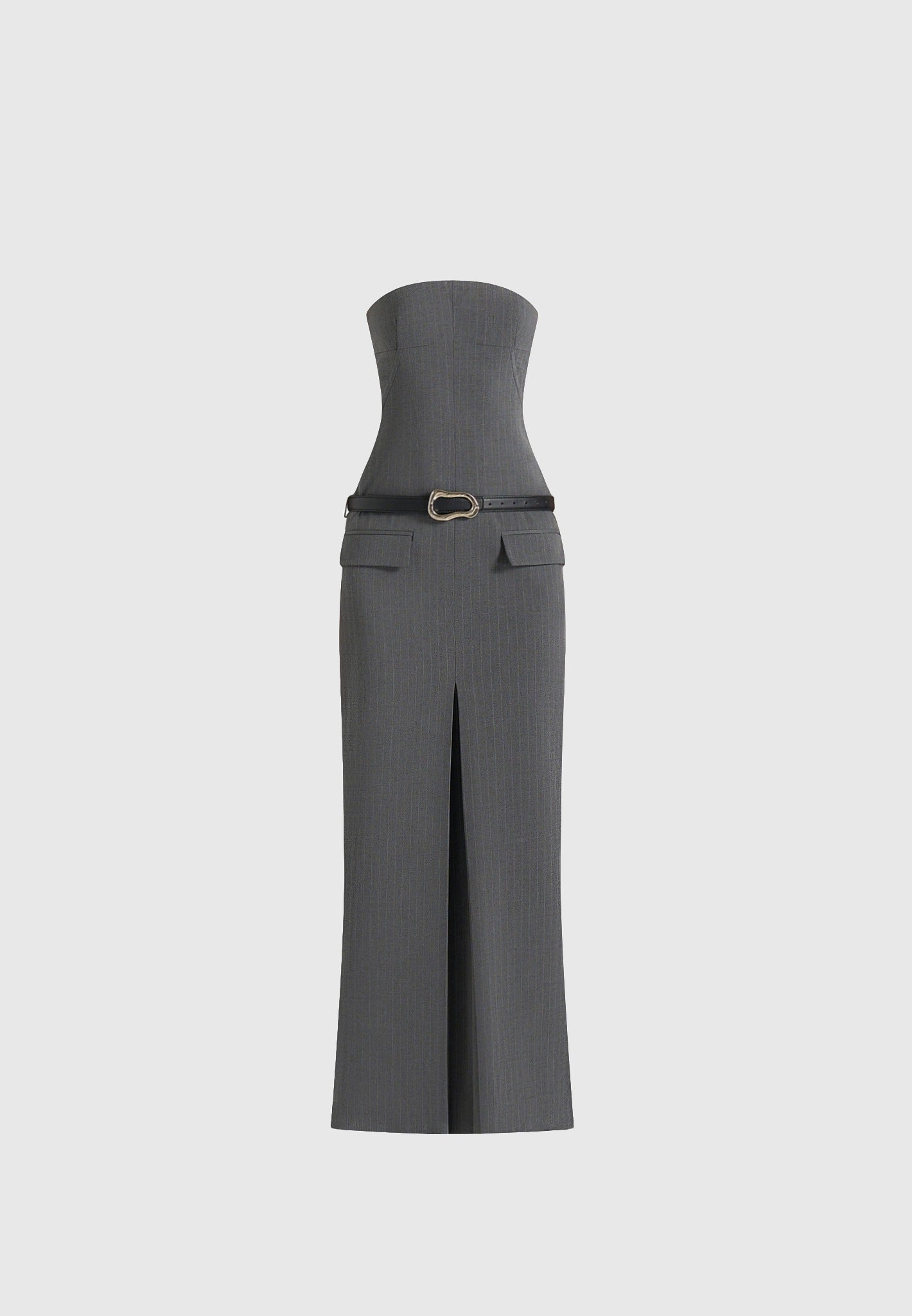 Tabitha - Tailored Pinstripe Bandeau Belted Maxi Dress - Grey