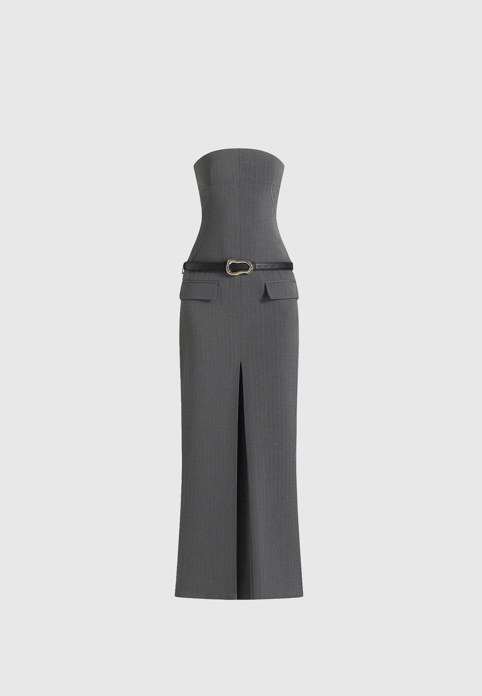 Tabitha - Tailored Pinstripe Bandeau Belted Maxi Dress - Grey