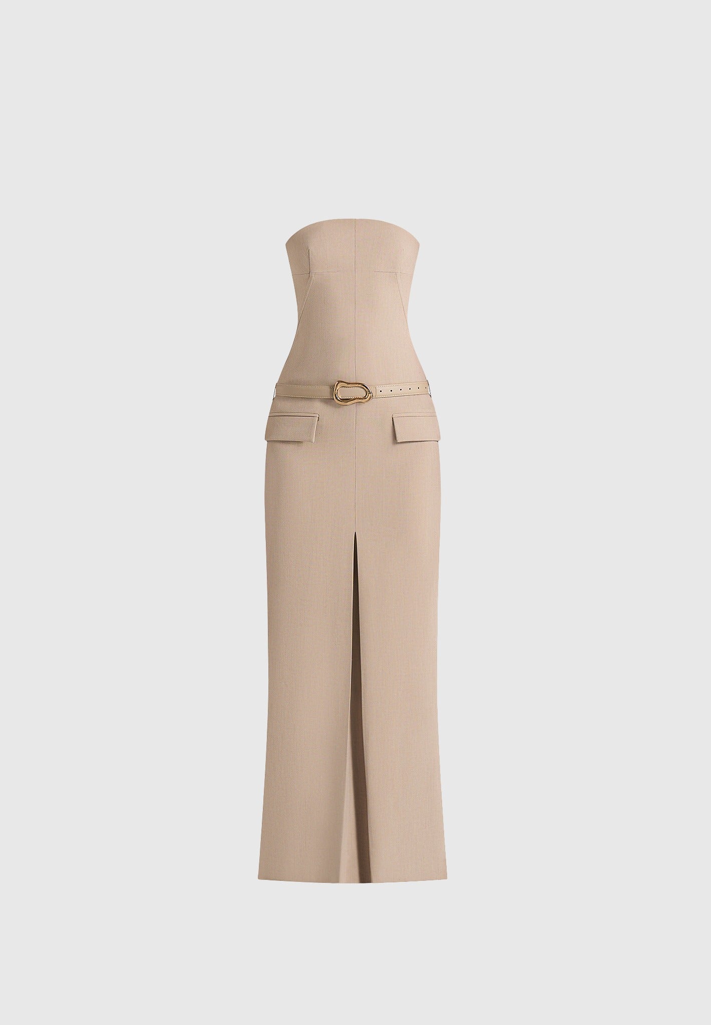 Tabitha - Tailored Bandeau Belted Maxi Dress - Beige