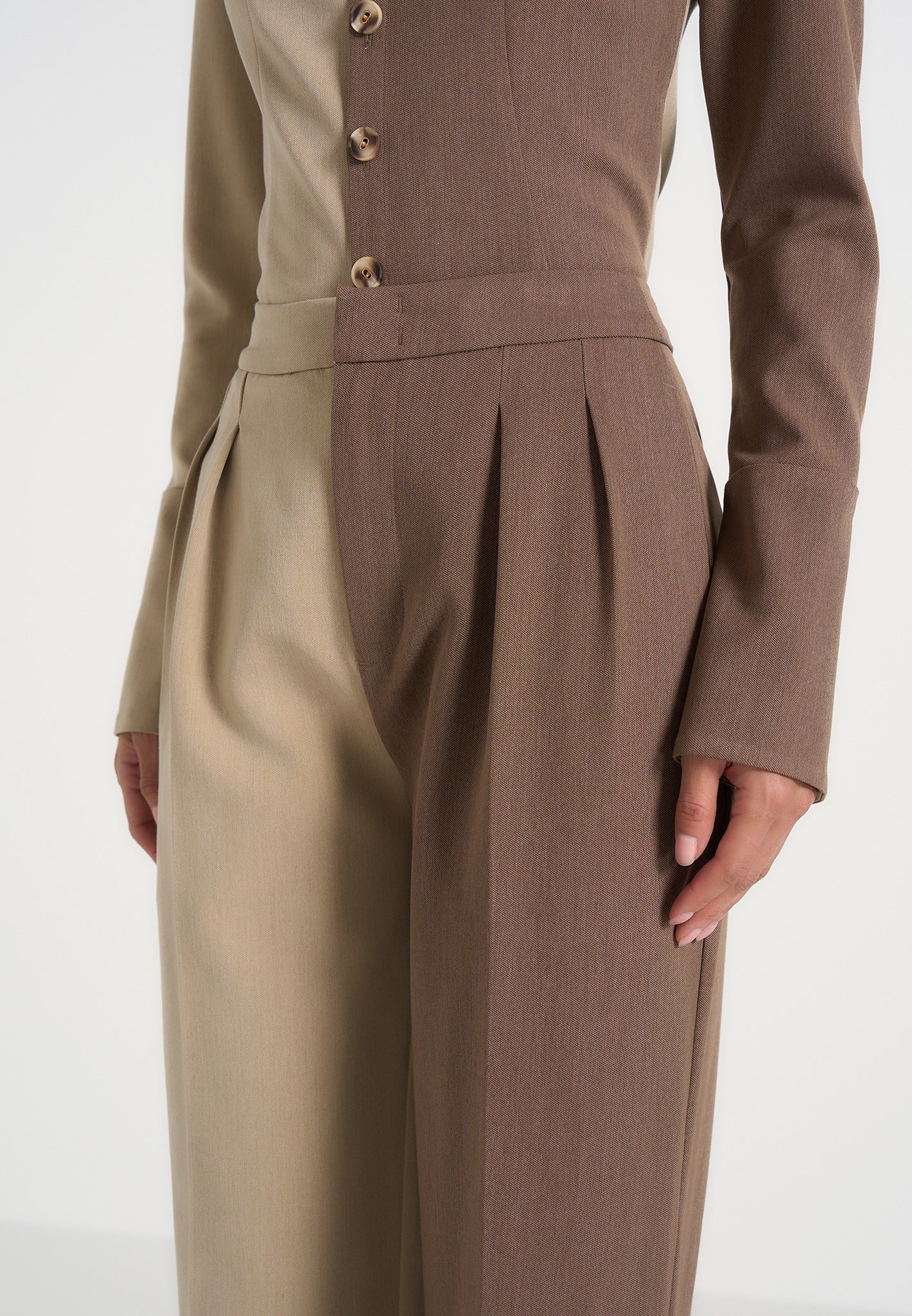 Julie - Two Tone Tailored Trousers - Taupe/Brown
