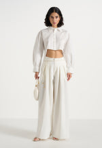 Flora - Box Pleat Wide Leg Belted Trousers - White