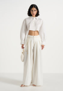 Flora - Box Pleat Wide Leg Belted Trousers - White