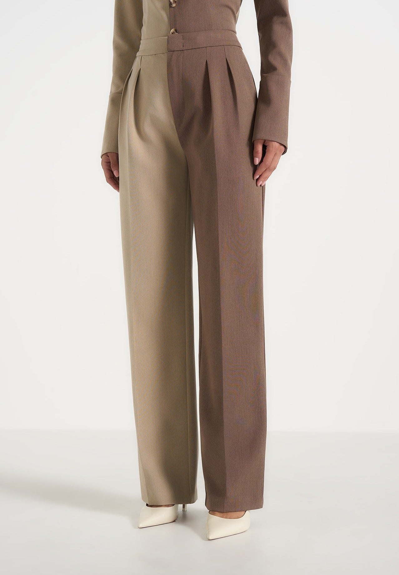 Julie - Two Tone Tailored Trousers - Taupe/Brown