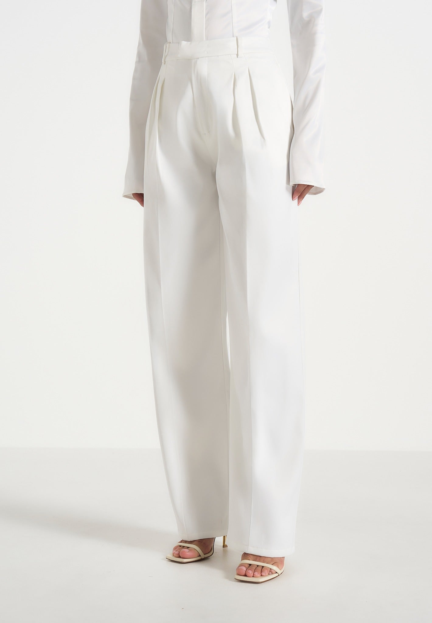 Julie - Satin Twin Pleat Trousers - Off White
