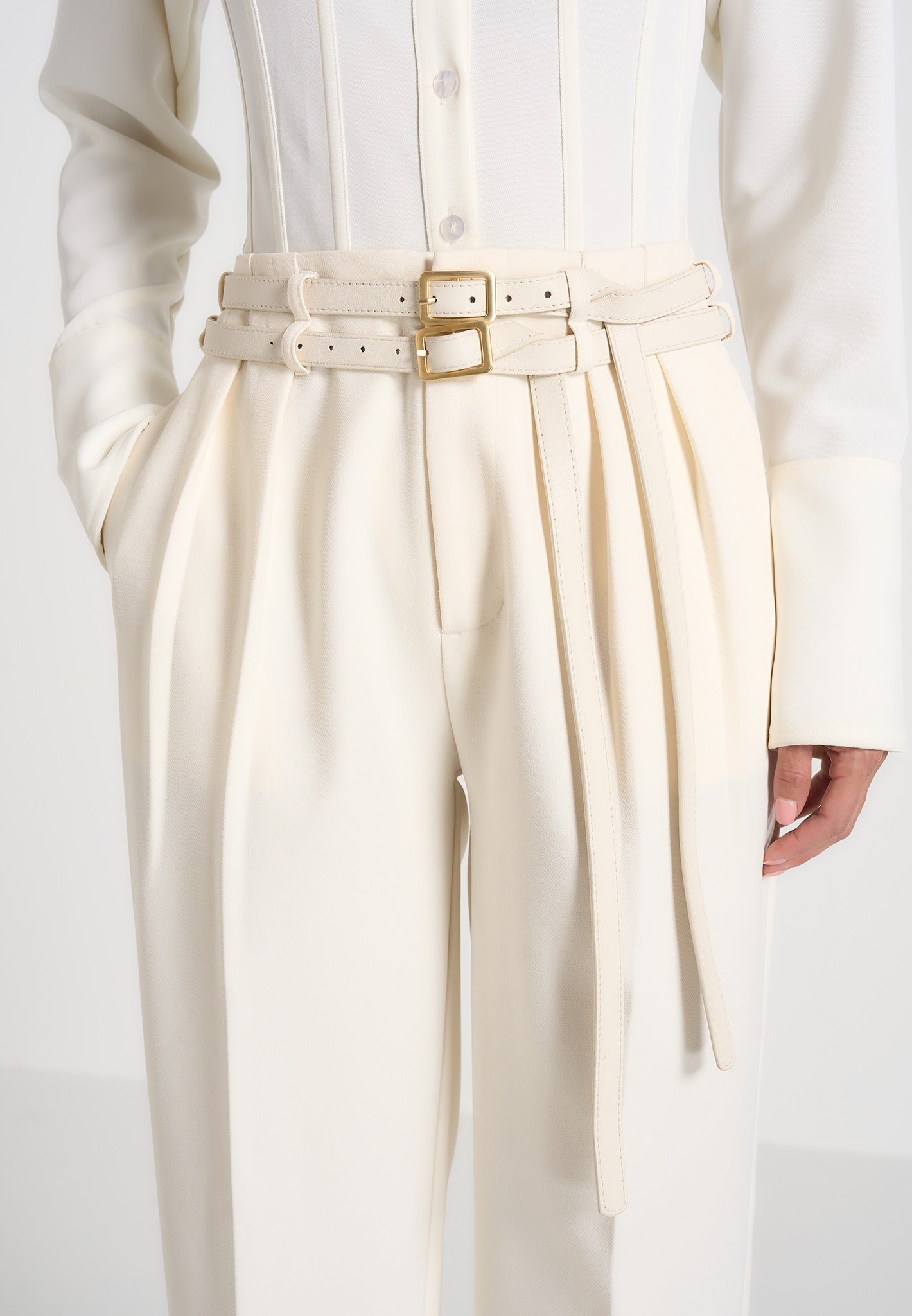 Pascale - Tailored Twin Belt Trousers - Off White