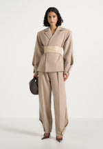 Marie - Twist Sleeve Tailored Blazer with Belt - Beige