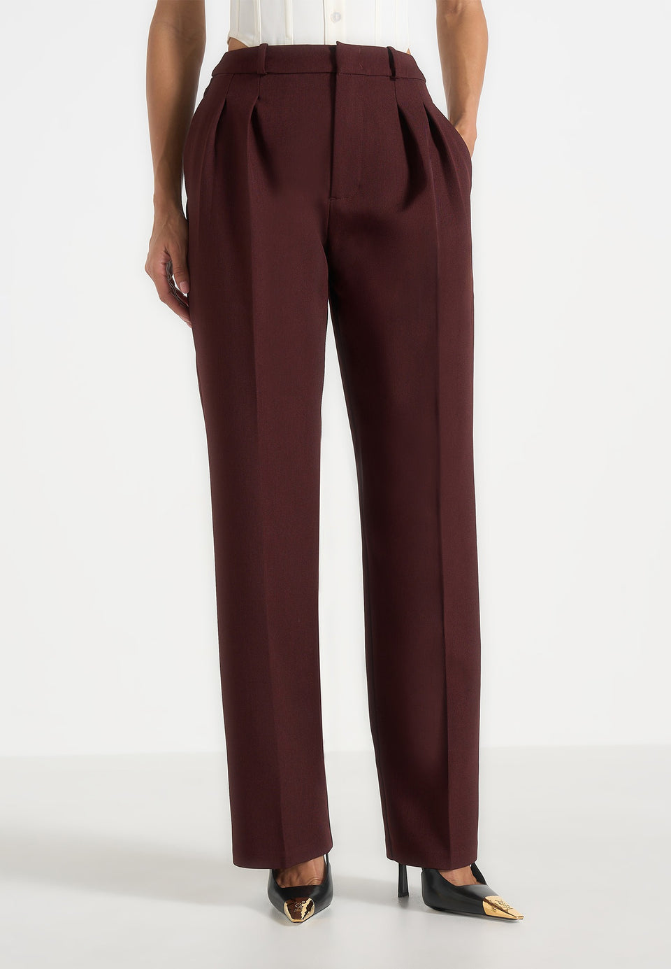 Julie - Tailored Twin Pleat Trousers - Wine Red