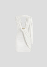 Mirena - Ruched Open Back Mini Dress With Scarf - White