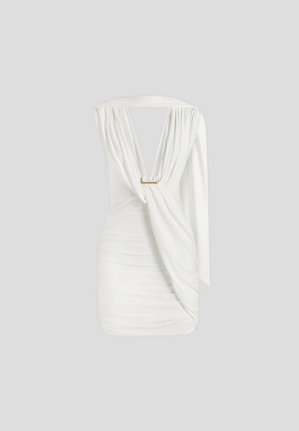 Mirena - Ruched Open Back Mini Dress With Scarf - White