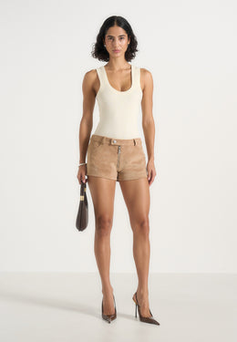 Fara - Suede Mini Shorts - Beige