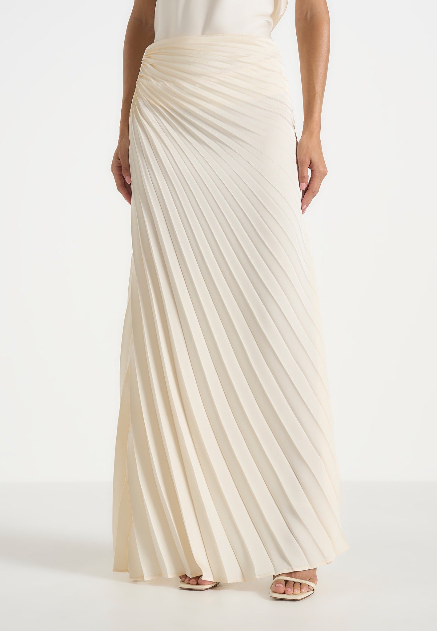 Fiona - Satin Fan Pleat Maxi Skirt - Ivory 
