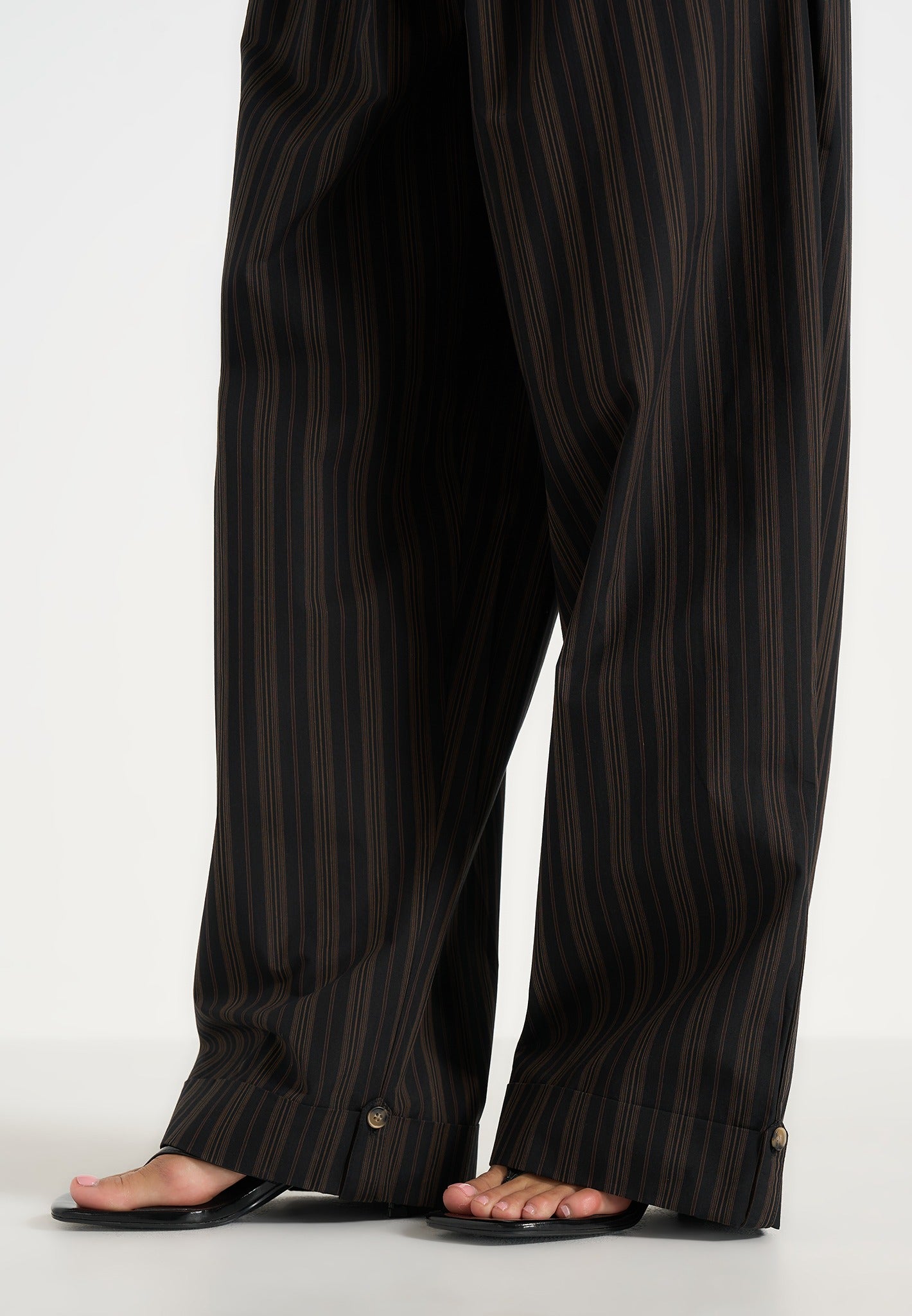 Ivanna - Elasticated Wide Leg Striped Cotton Trousers - Black/Brown