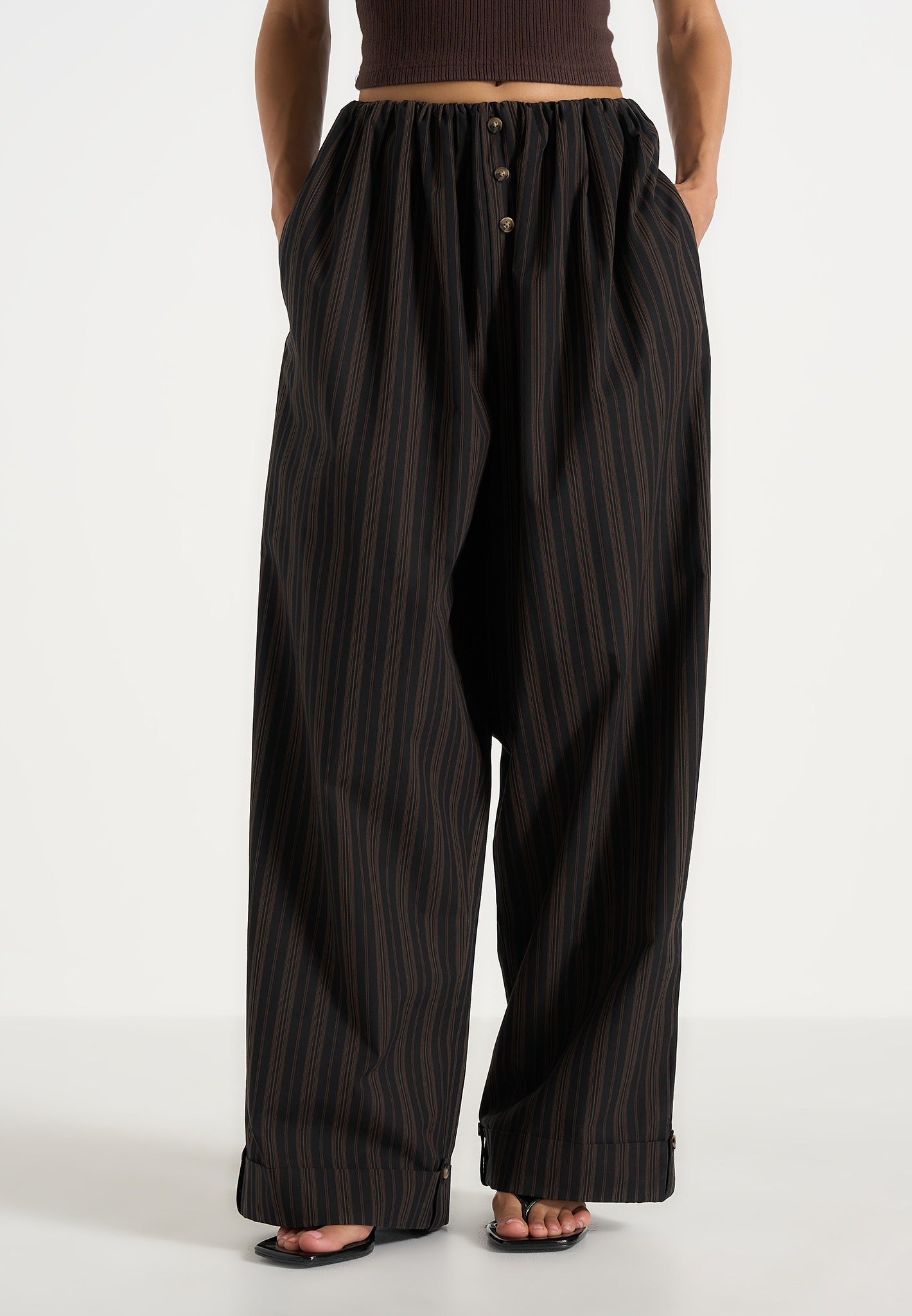 Ivanna - Elasticated Wide Leg Striped Cotton Trousers - Black/Brown