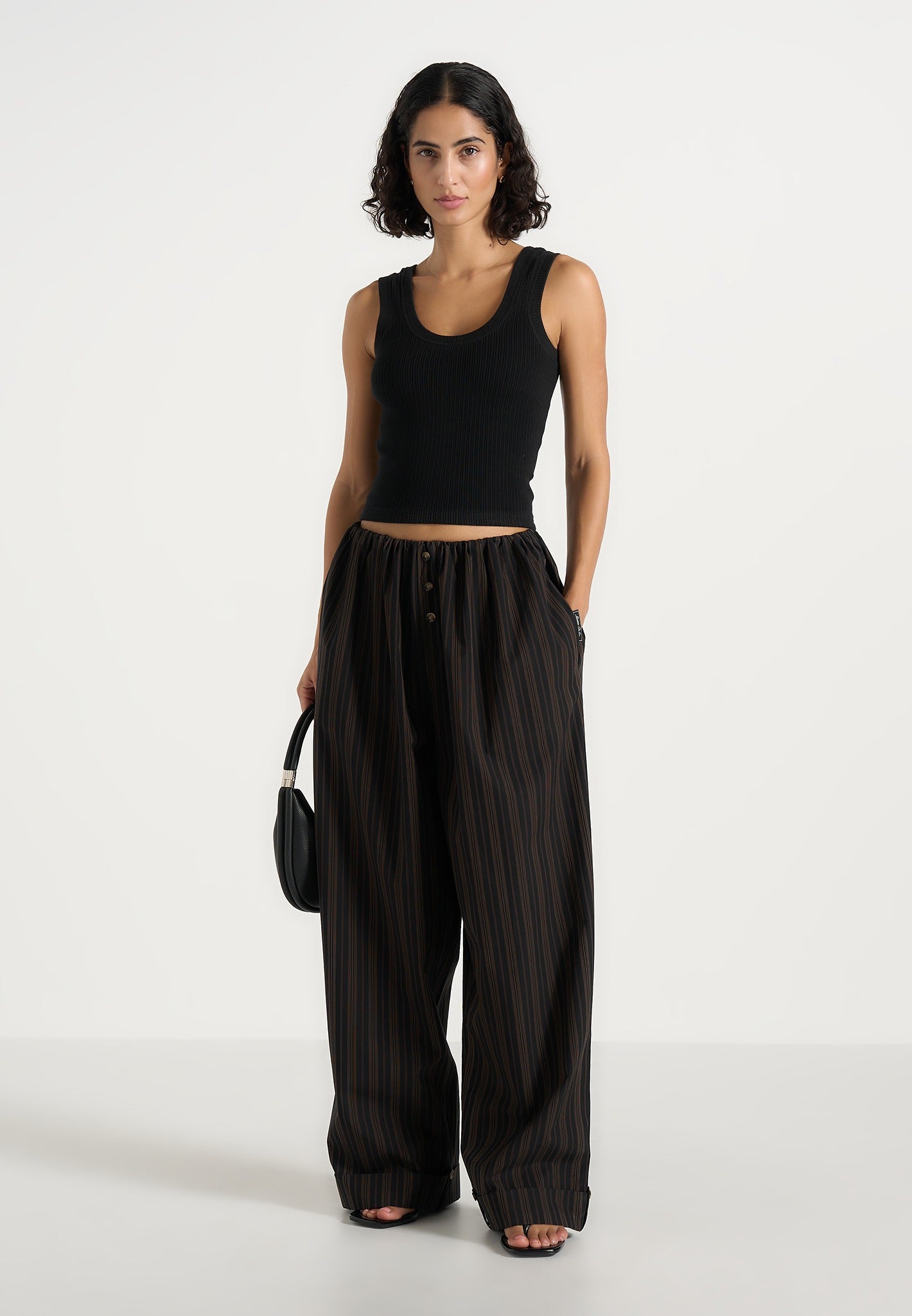 Ivanna - Elasticated Wide Leg Striped Cotton Trousers - Black/Brown