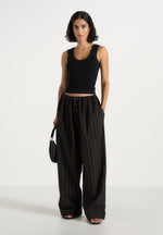 Ivanna - Elasticated Wide Leg Striped Cotton Trousers - Black/Brown