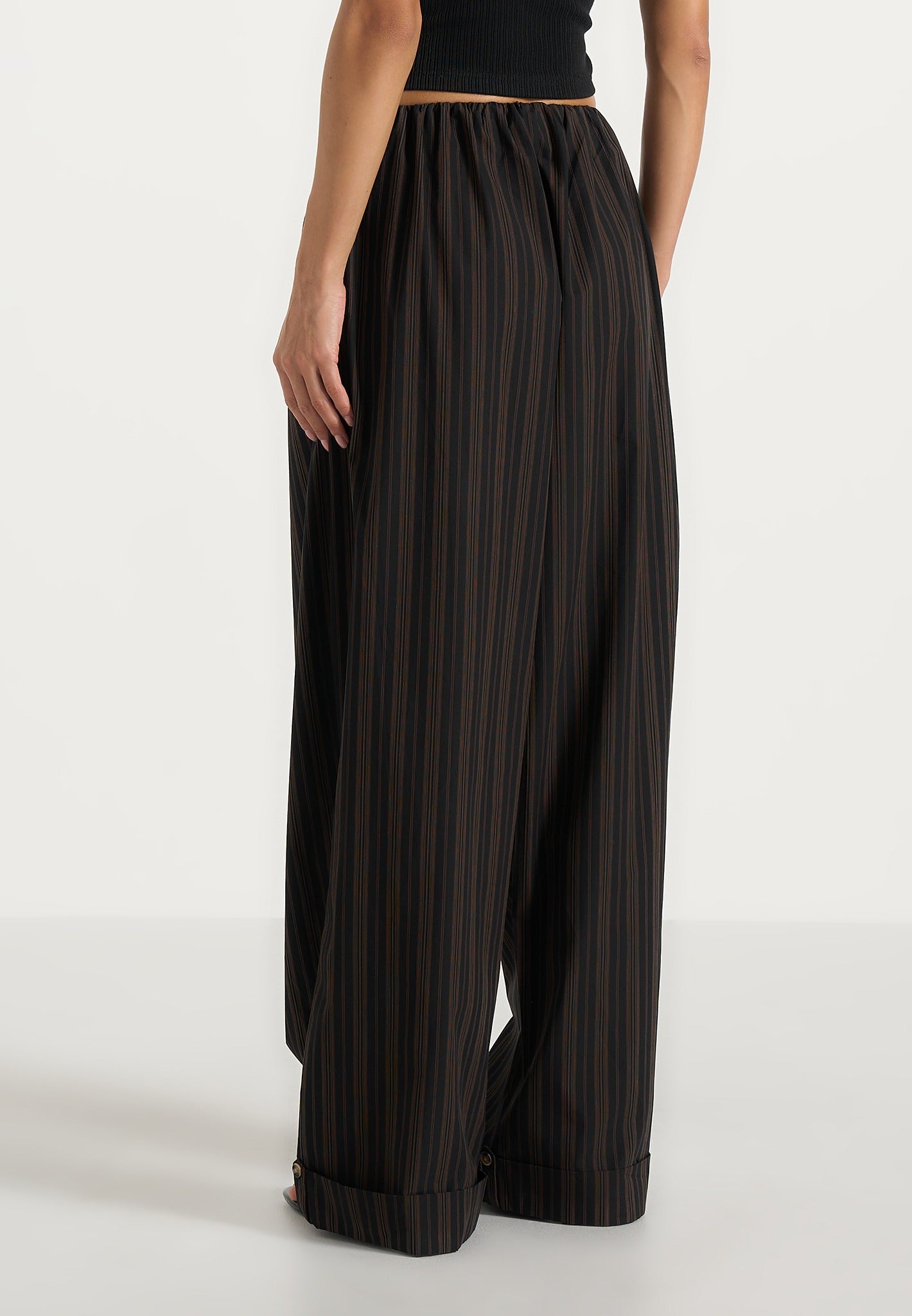 Ivanna - Elasticated Wide Leg Striped Cotton Trousers - Black/Brown