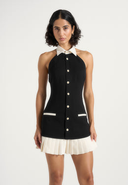 Jasmine - Halter Neck Pleated Mini Dress - Black
