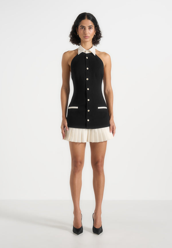 Jasmine - Halterneck Pleated Mini Dress - Black