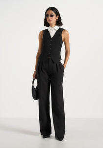 Irene - Collar Detail Cinched Waistcoat - Black/White