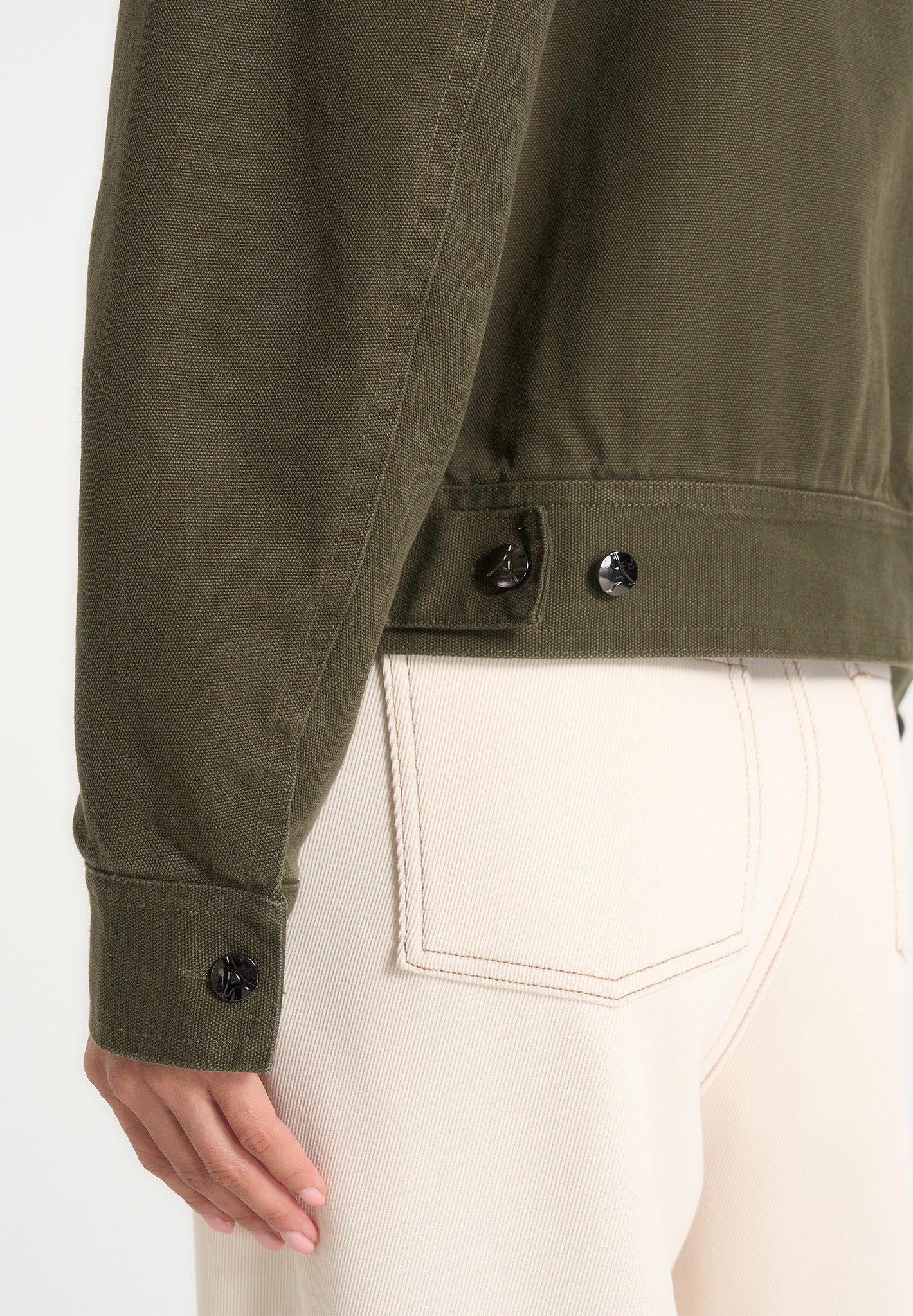 Nino - Unisex Clasp Detail Contrast Stitch Gabardine Jacket - Olive