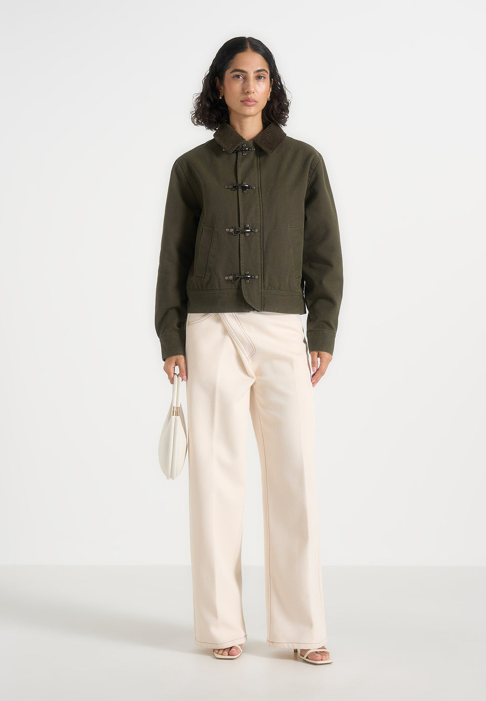 Nino - Unisex Clasp Detail Contrast Stitch Gabardine Jacket - Olive