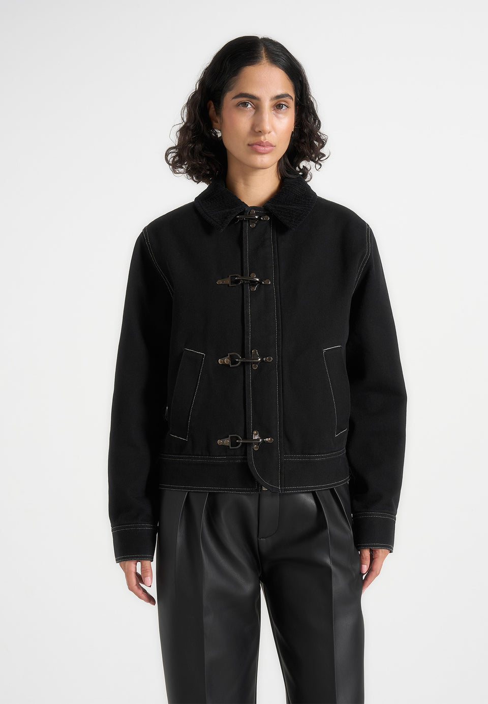 Nino - Unisex Clasp Detail Contrast Stitch Gabardine Jacket - Black