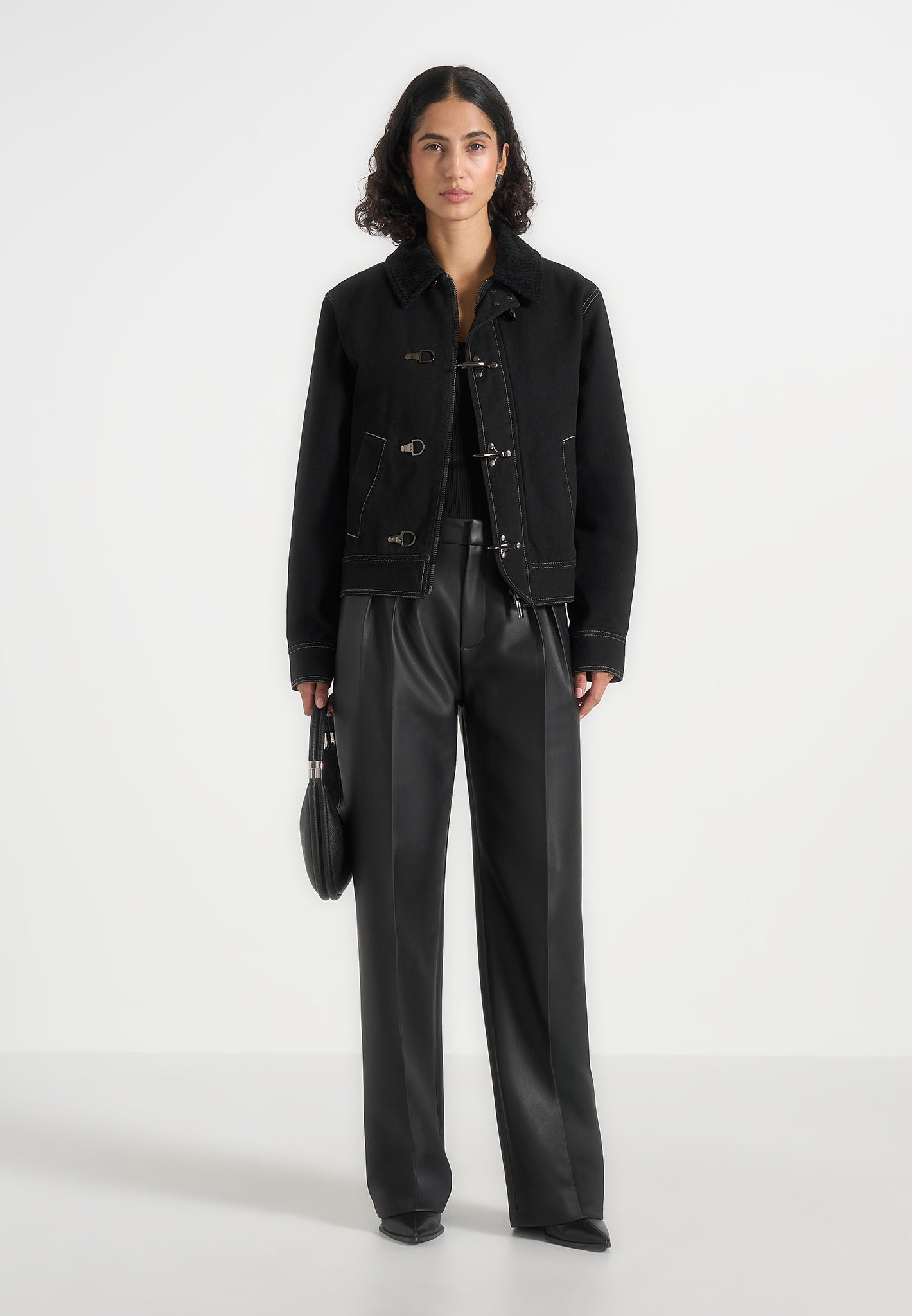 Nino - Unisex Clasp Detail Contrast Stitch Gabardine Jacket - Black