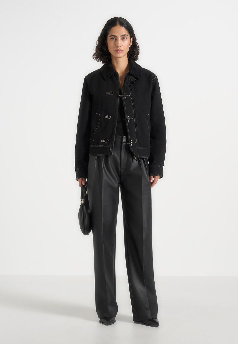 Nino - Unisex Clasp Detail Contrast Stitch Gabardine Jacket - Black