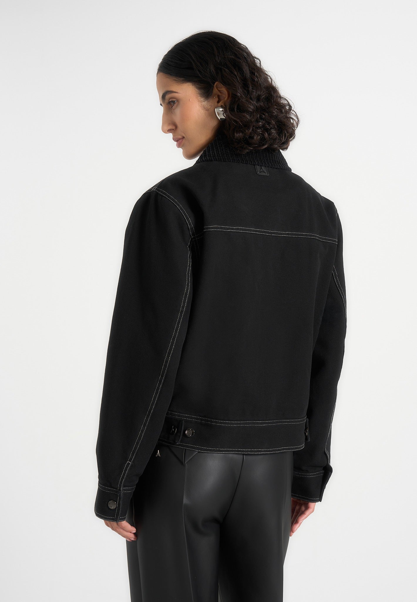 Nino - Unisex Clasp Detail Contrast Stitch Gabardine Jacket - Black